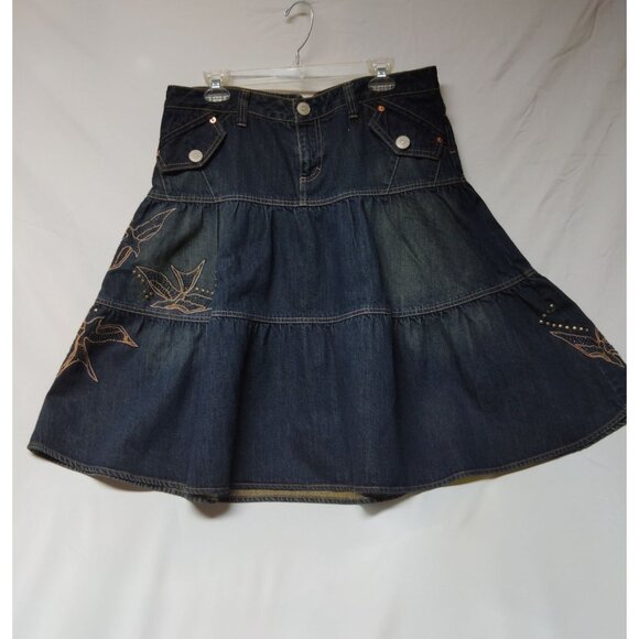 Whistles Denim A-Line Skirt Embroidered Bird Design & Stud Details Womens Size 1 - Picture 1 of 8